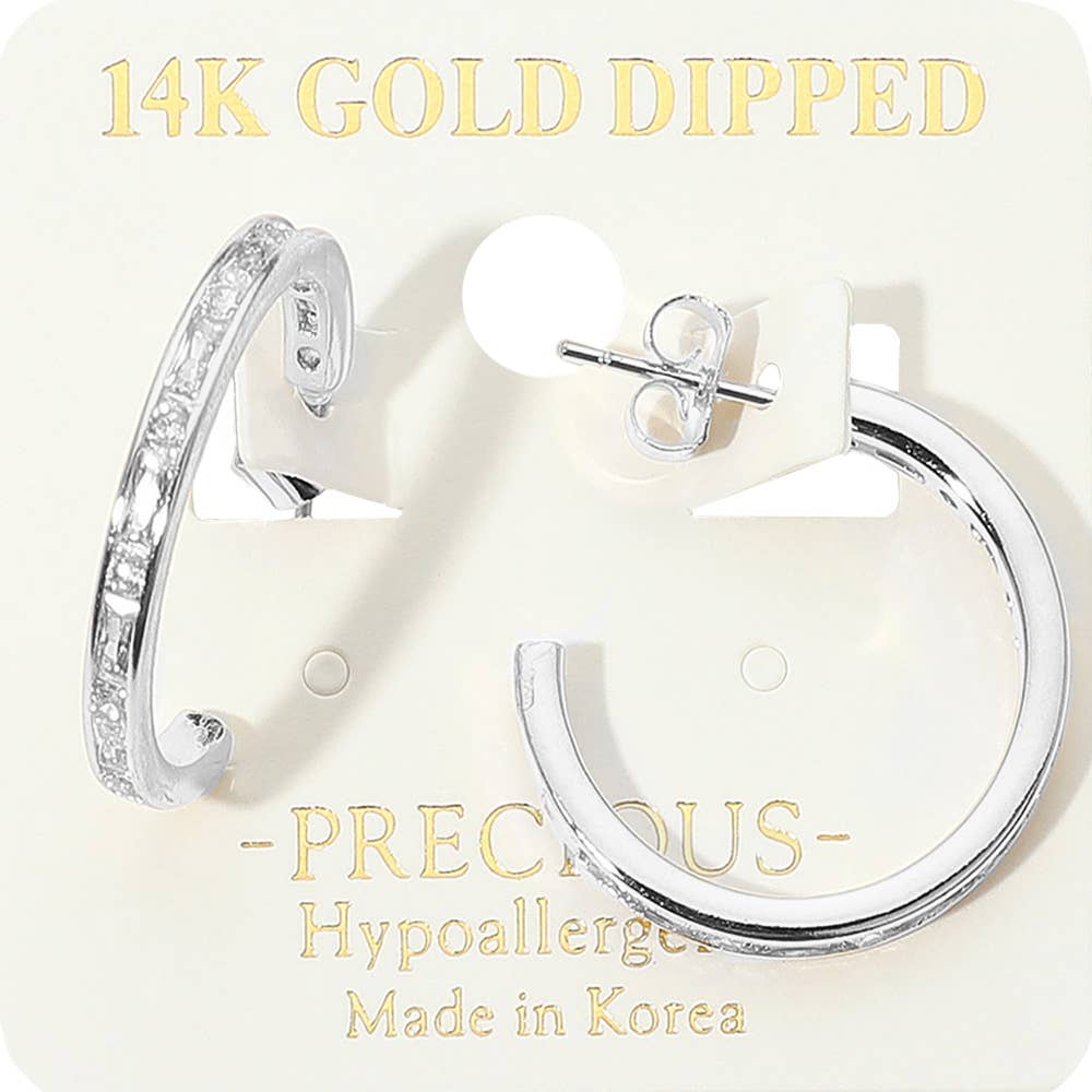 14K Gold Dipped Hypoallergenic Sparkling CZ Stone Accent Hoop Earrings: Rhodium