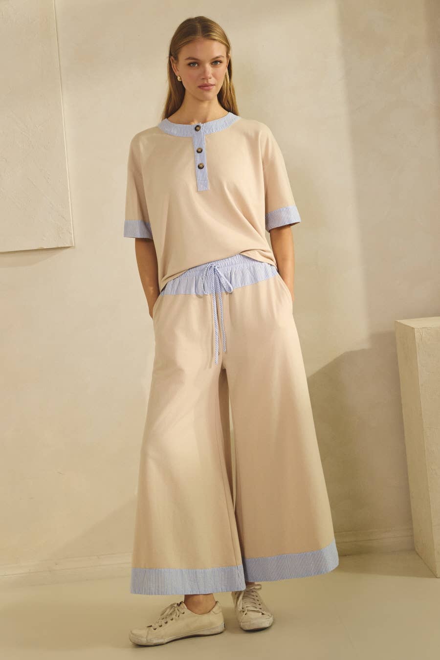 Oddi Contrast-trim Henley Top And Pants Set