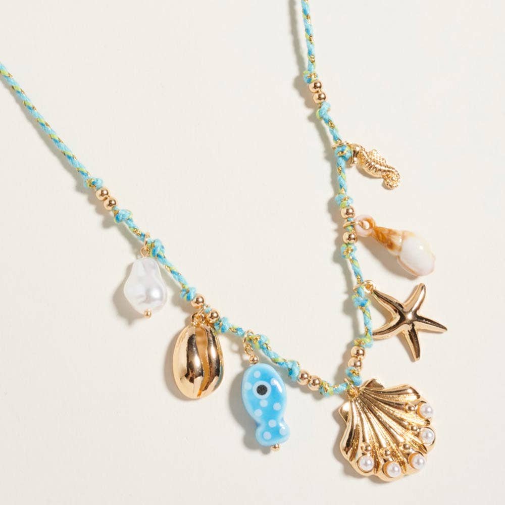 J5. Pearl Seashell Starfish Seahorse Charm Station Fabric Chain Twisted Necklace