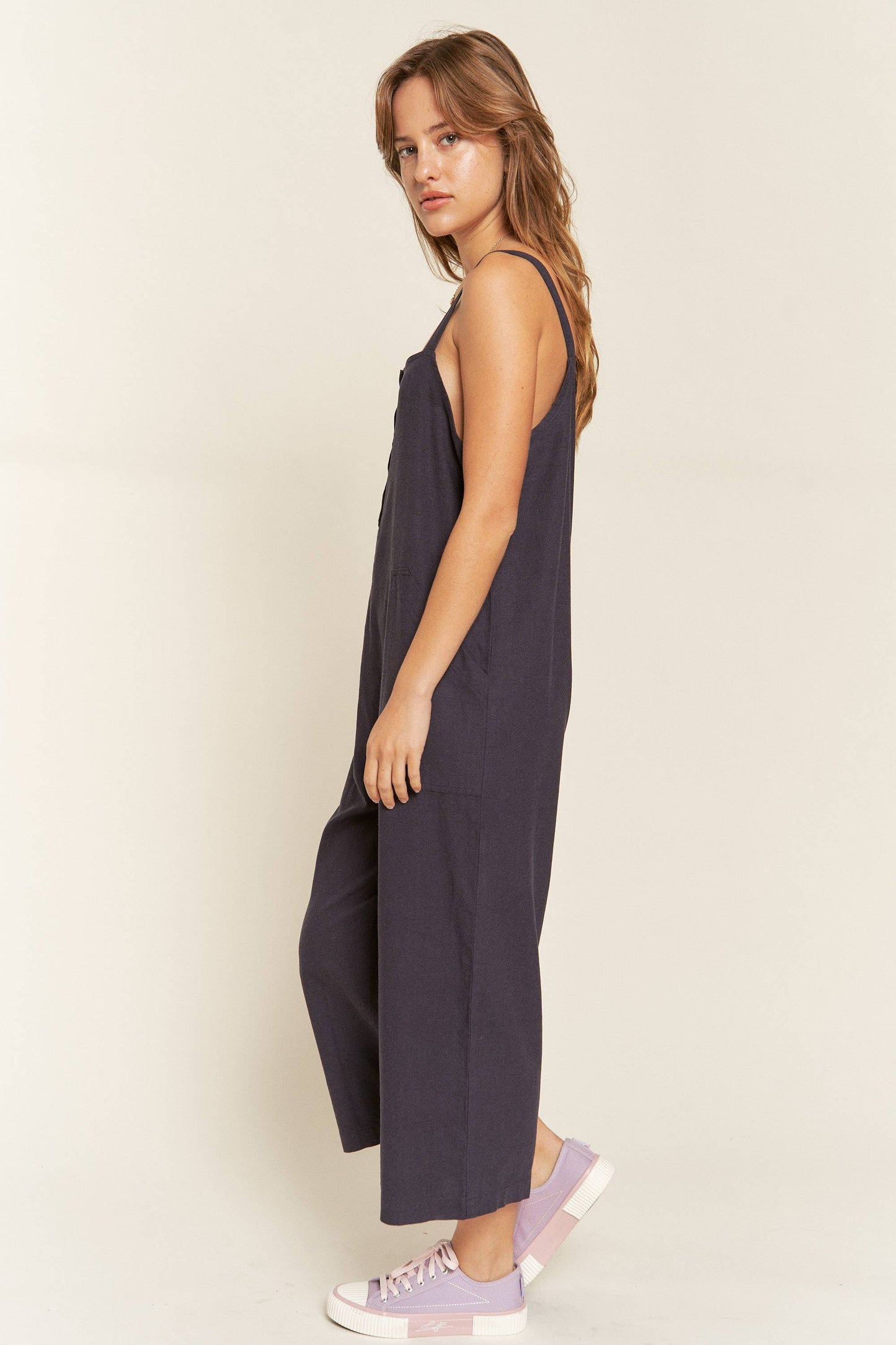 LINEN BUTTON UP WIDE LEG JUMPSUIT