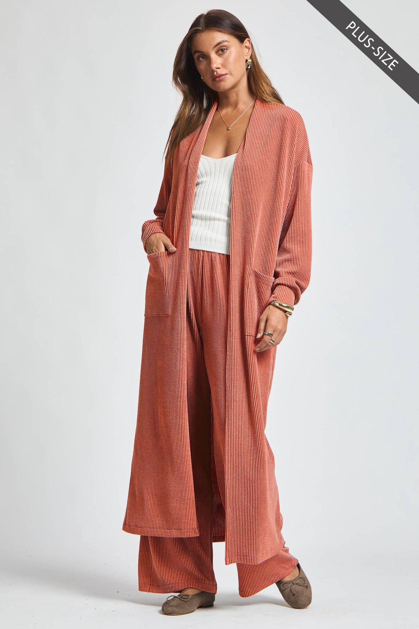 PLUS SIZE Longline Cardigan + Relaxed Pants 2 Piece Set: RED / 3X