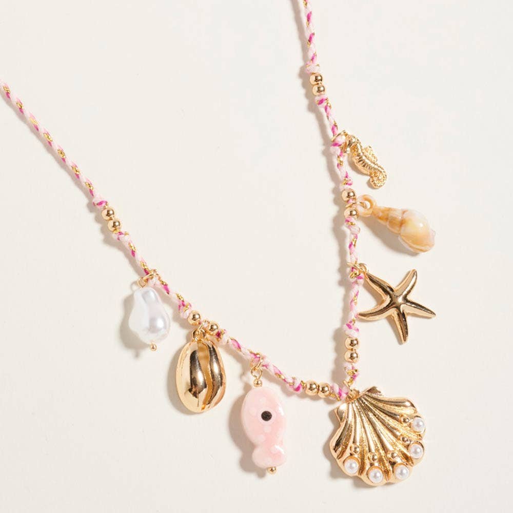 J5. Pearl Seashell Starfish Seahorse Charm Station Fabric Chain Twisted Necklace