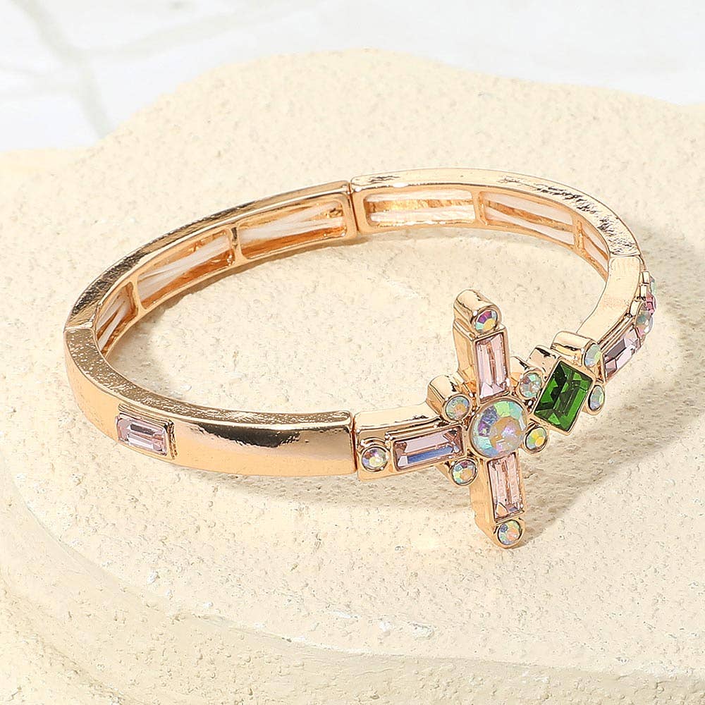 Mixed Stone Cross Accent Stretch Bracelet
