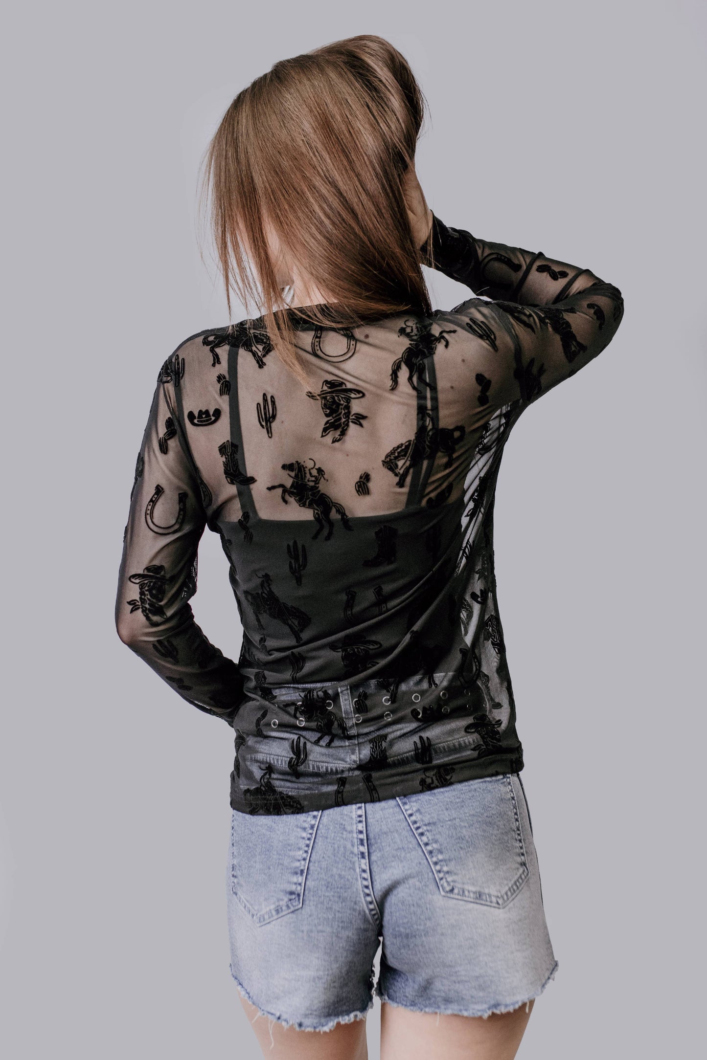 MK717 Lets Rodeo Velvet Mesh Top