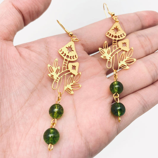 Bohemian Green Phantom Crystal Mushroom Pendant Earrings