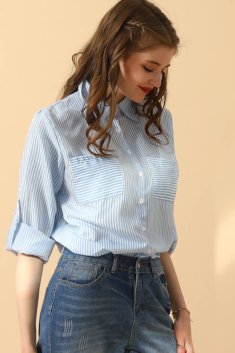 Striped Button Down Long Sleeve Collared Shirts