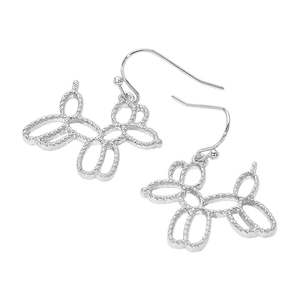 Textured Metal Open Balloon Dog Dangle Earrings: Silver