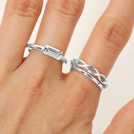 SECRET BOX_3PCS Genuine Gold Dipped Baguette Stone Accent Stackable Fashion Ring Set: Silver