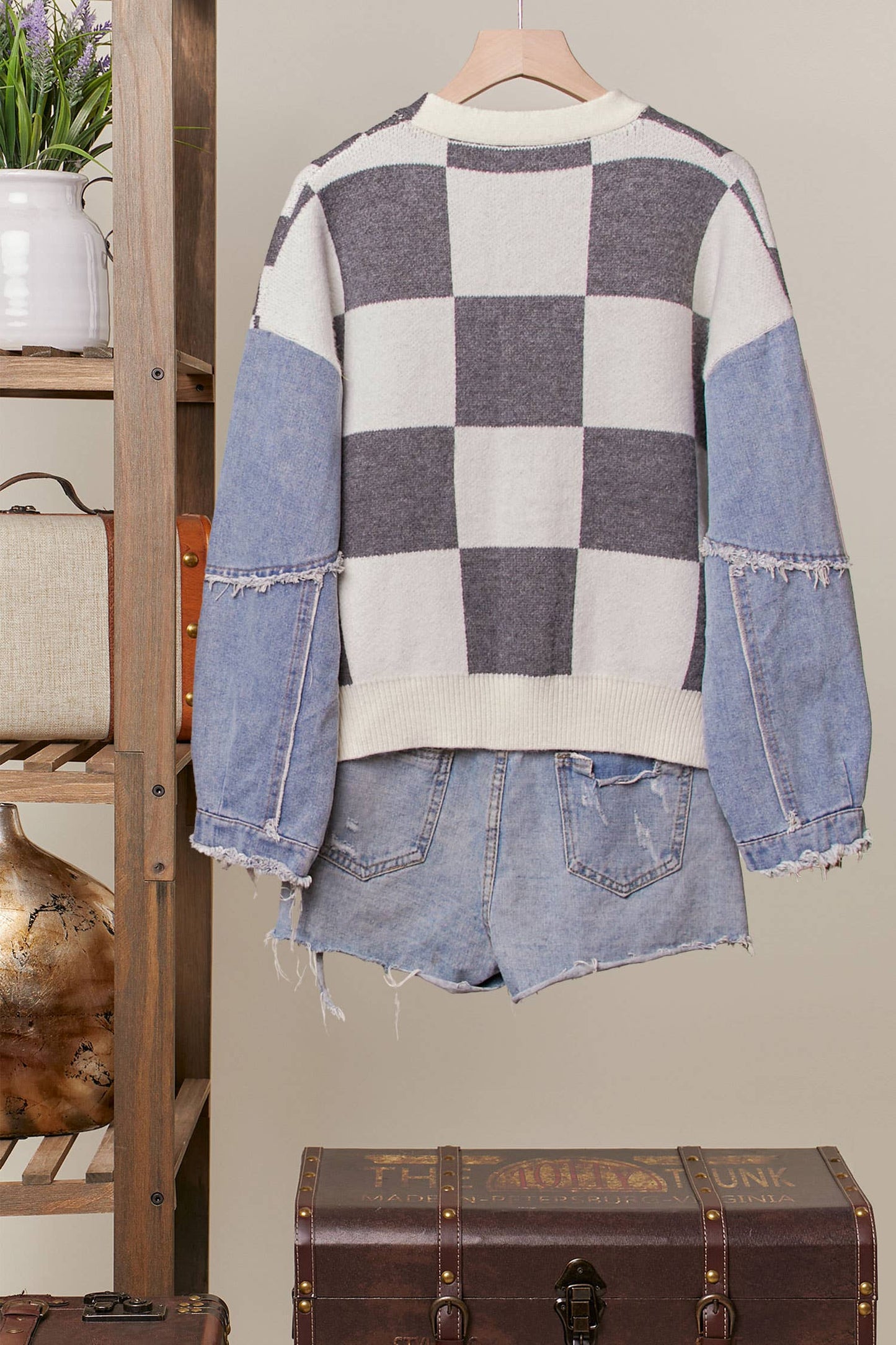Checker Plaid Cardigan: Charcoal / L