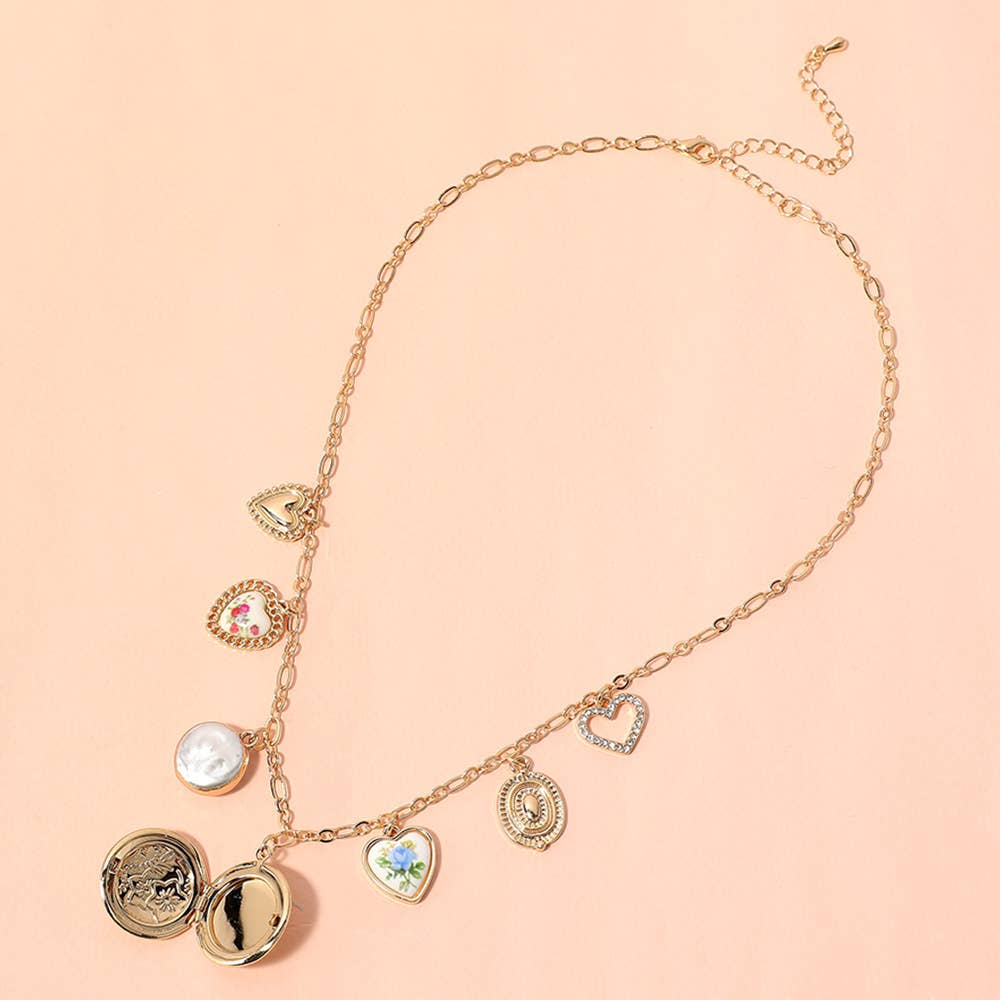 Elegant Floral Locket Heart Pearl Bezel Charm Necklace