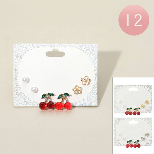 SET OF 3 - Pearl Enamel Flower Cherry Stud Earrings