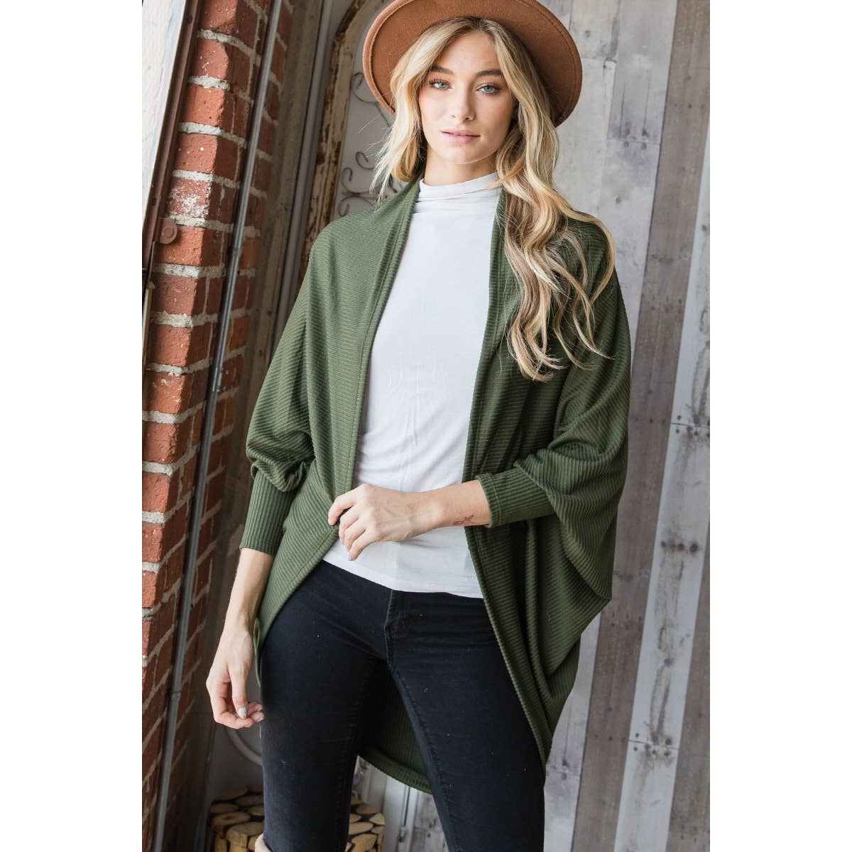 J70802 - Urban Knit Shawl Open Front Cardigan: Olive / M