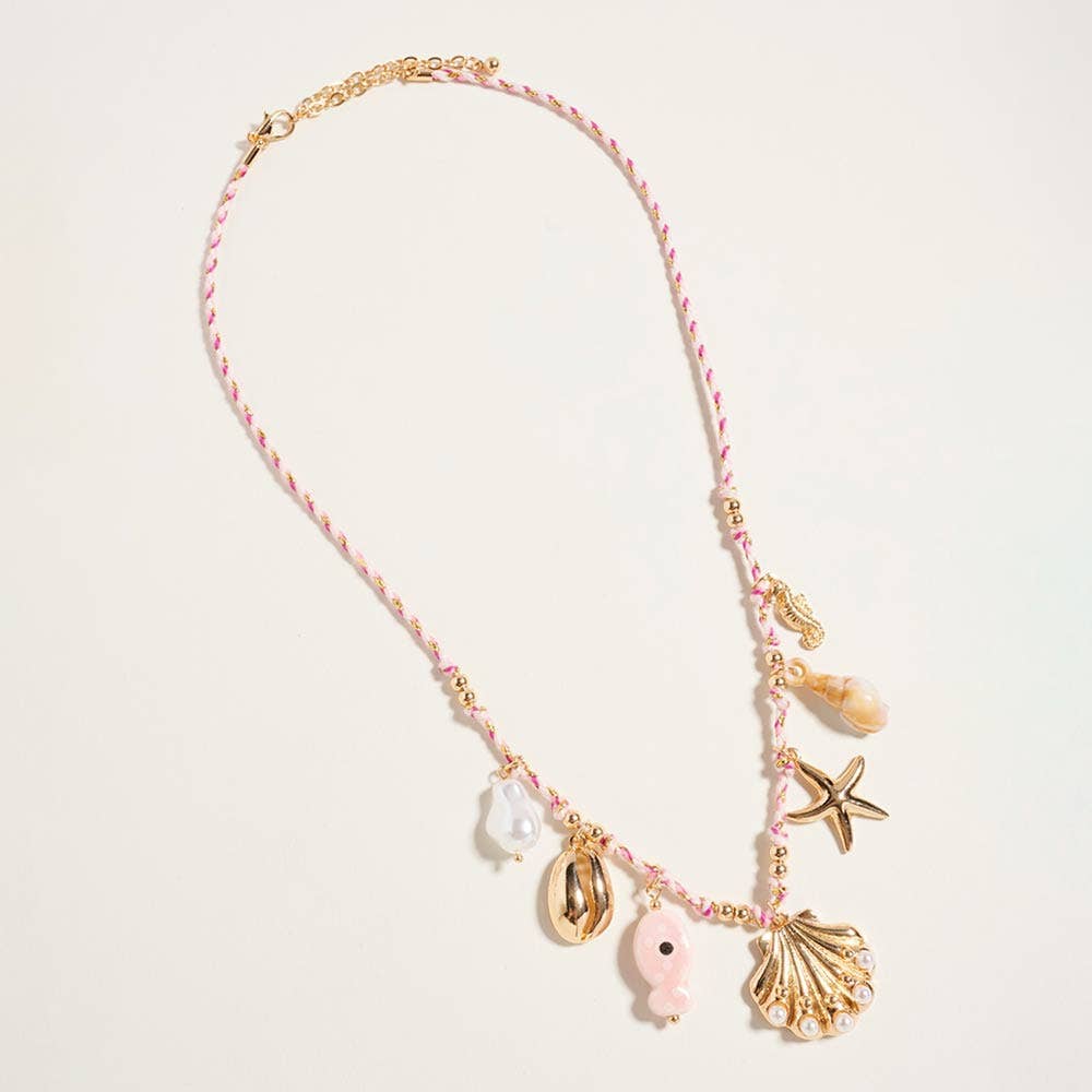 J5. Pearl Seashell Starfish Seahorse Charm Station Fabric Chain Twisted Necklace