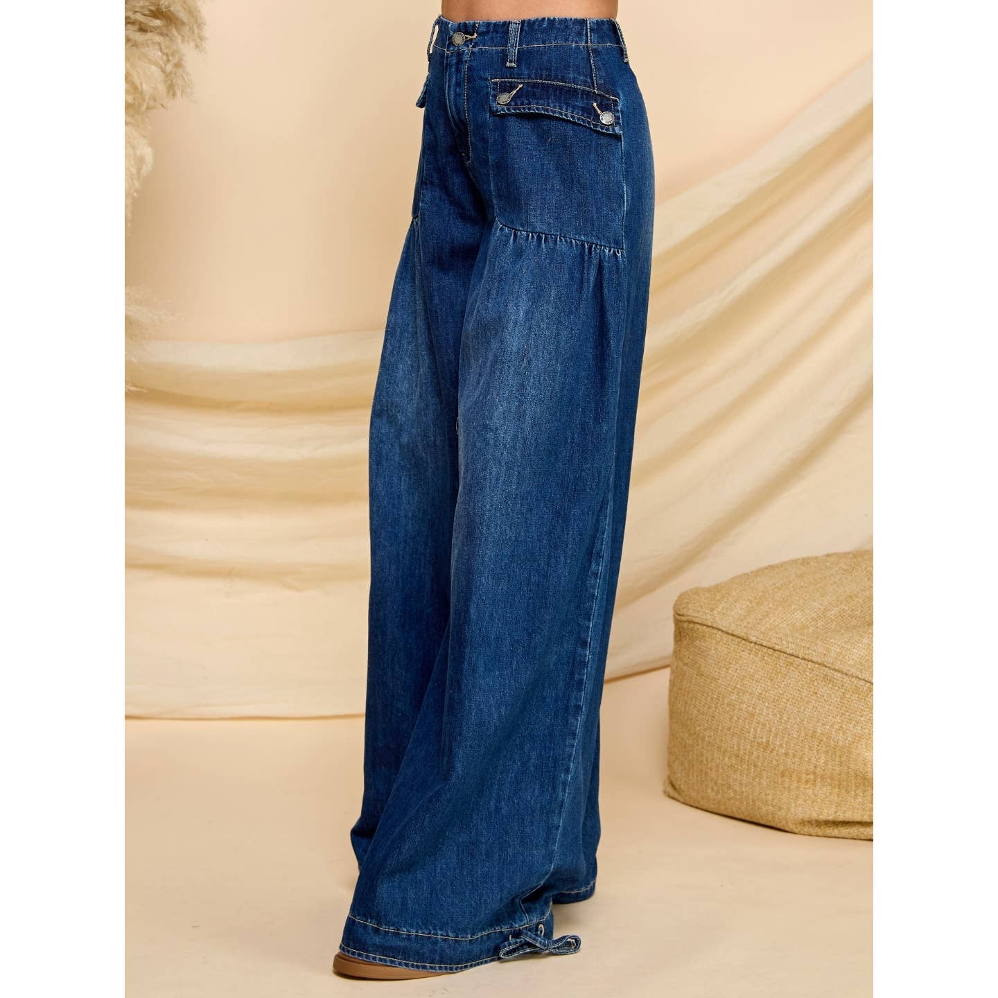 Ankle Drawstring Wide Denim Pants: Dark Wash / M