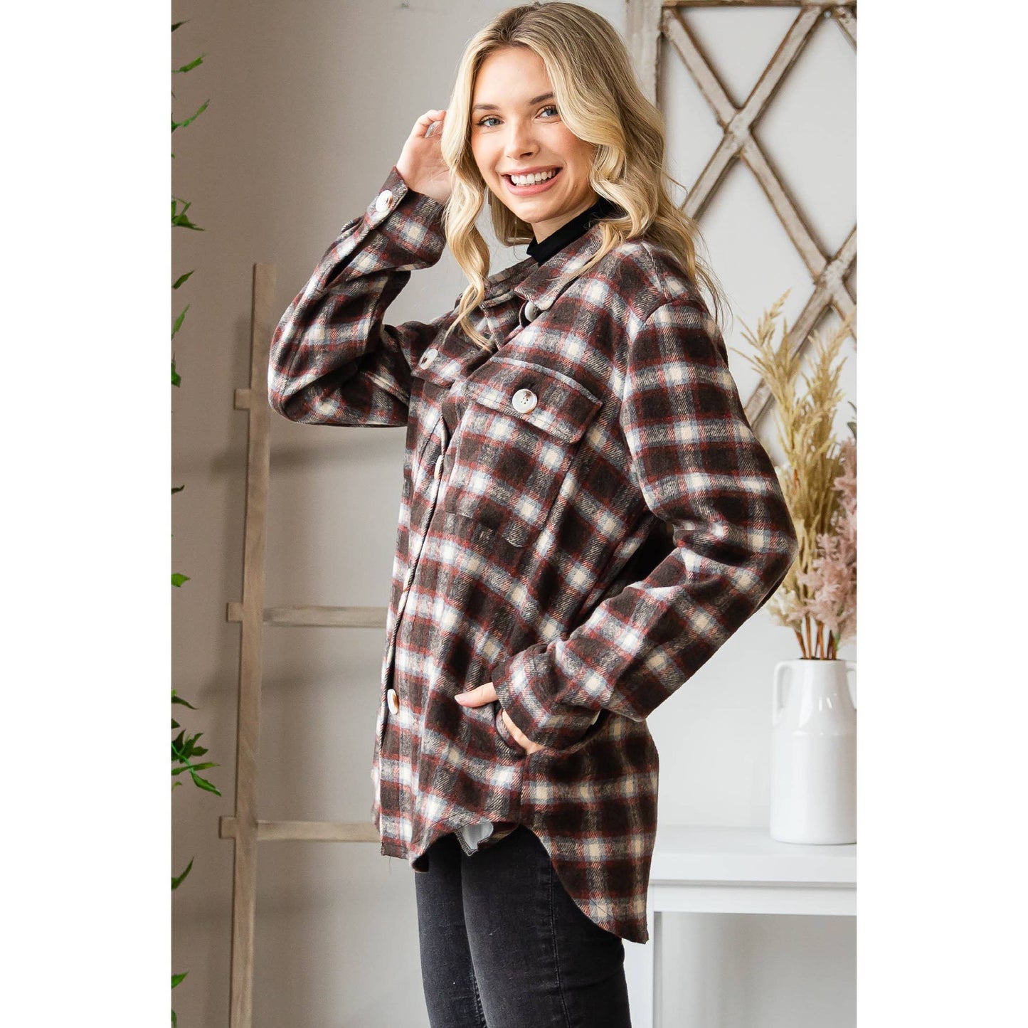VJ71471 - Classic Plaid Shirts Jacket: Brown Combo / L