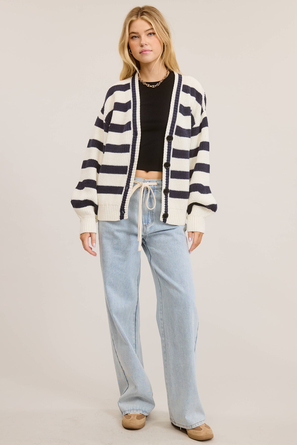 Navy Baggy Fit Stripe Knit Cardigan