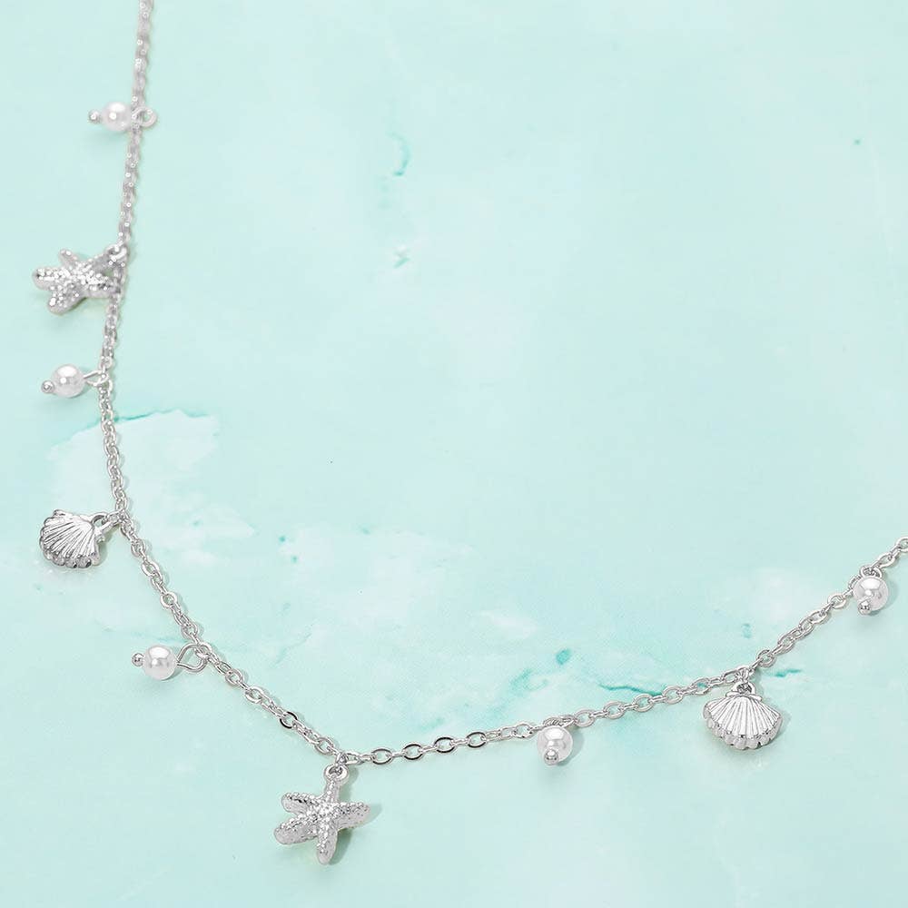 J19. Starfish Shell PEarl Charm Station Necklace