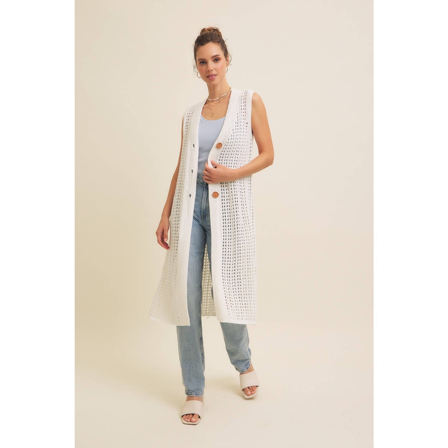 BUTTON-DOWN OPEN KNIT SLEEVELESS MIDI SWEATER CARDIGAN