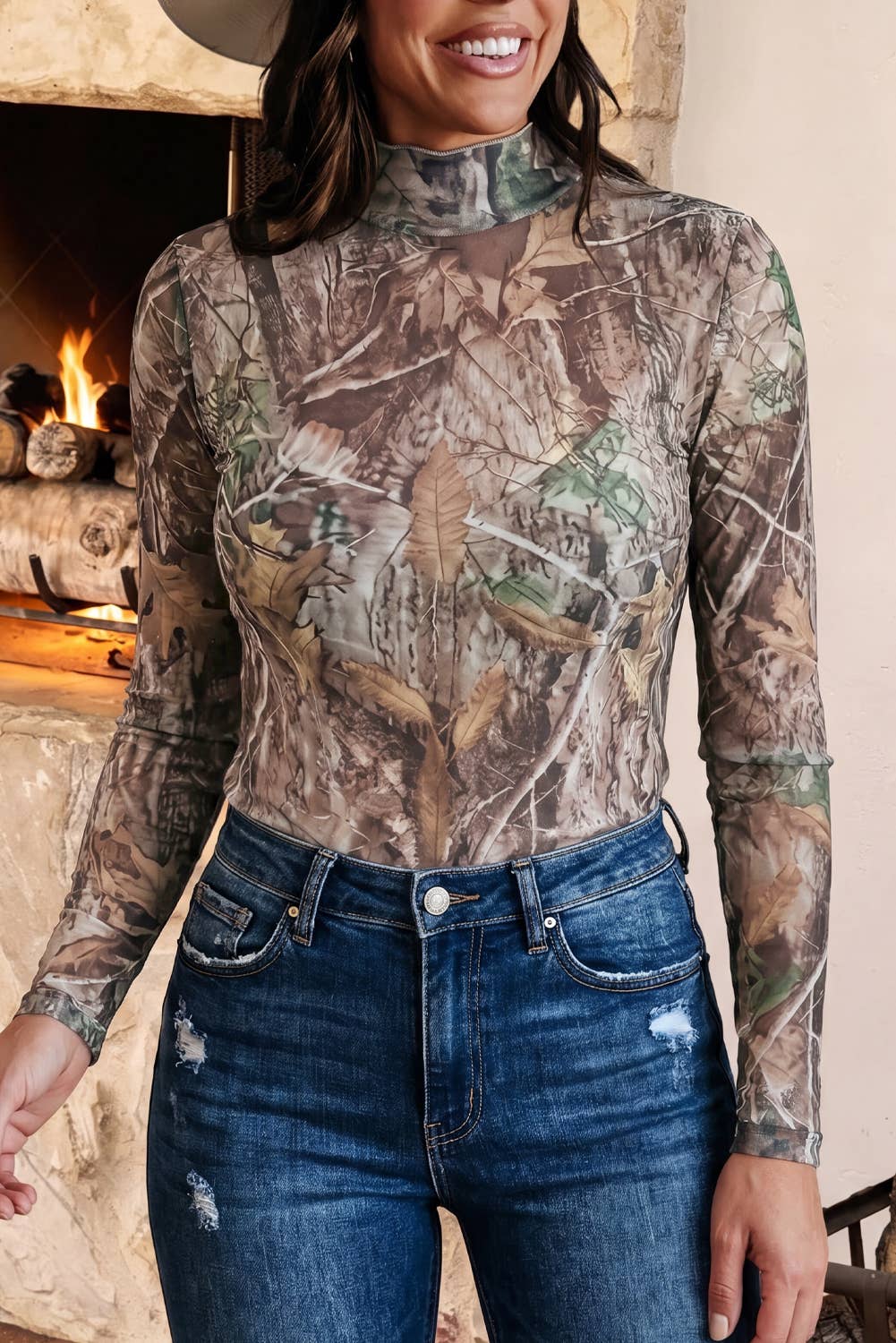 Mesh Long Sleeve Mock Neck Top