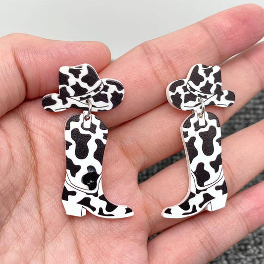 Western Style Cow Color Boots Hat Post Earrings - WJ