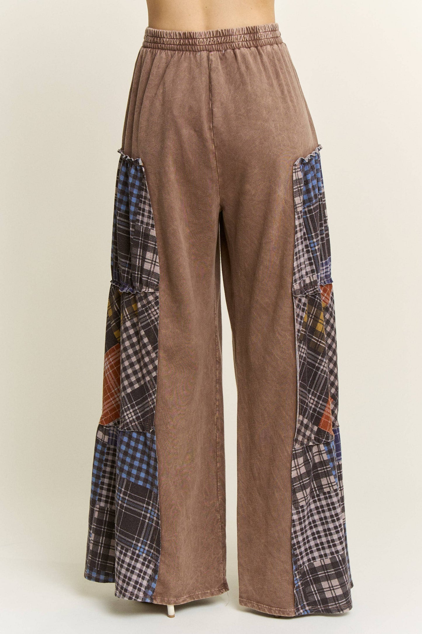 Mineral Washed Tiered Plaid Wide Flare pants HP6675: Olive / S-M-L / 2-2-2