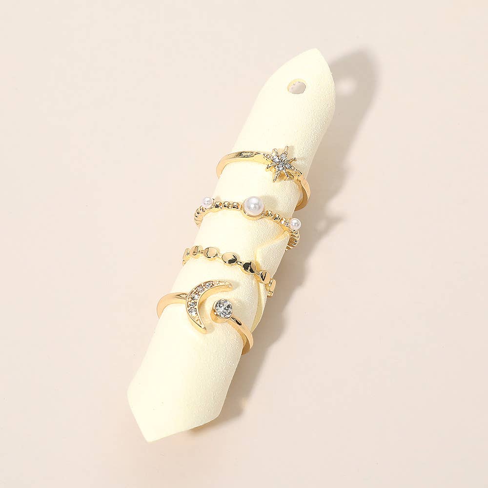 J18. 4PCS - Rhinestone Pave Crescent Starburst Pearl Accent Stackable Ring Set