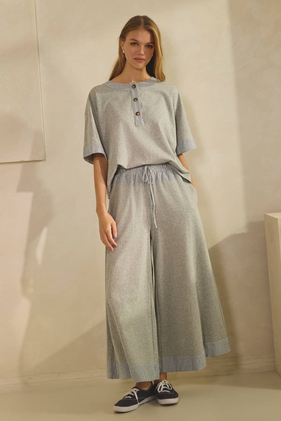 Oddi Contrast-trim Henley Top And Pants Set