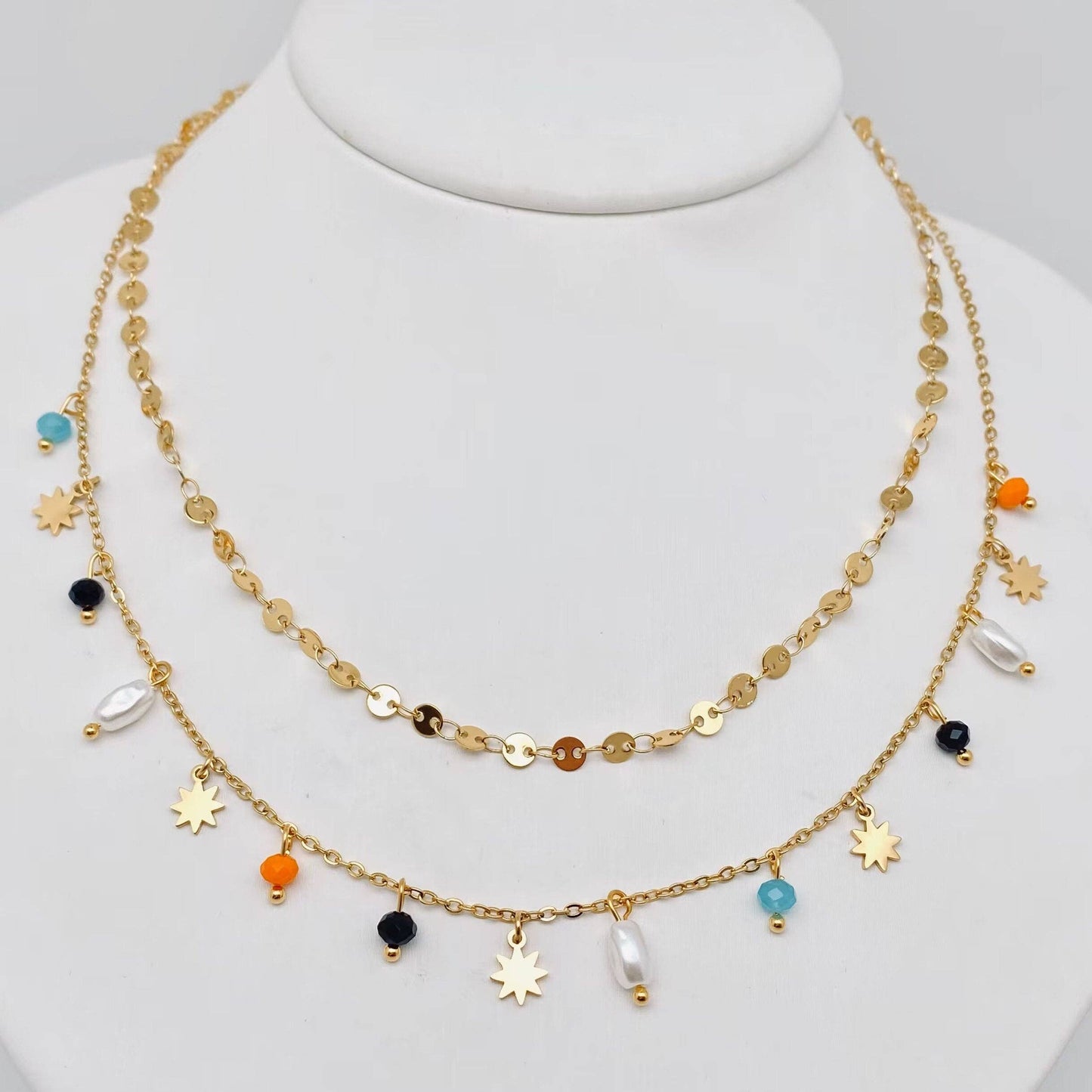 M25. Star Pearl Charm Double Chain Stainless Steel Necklace