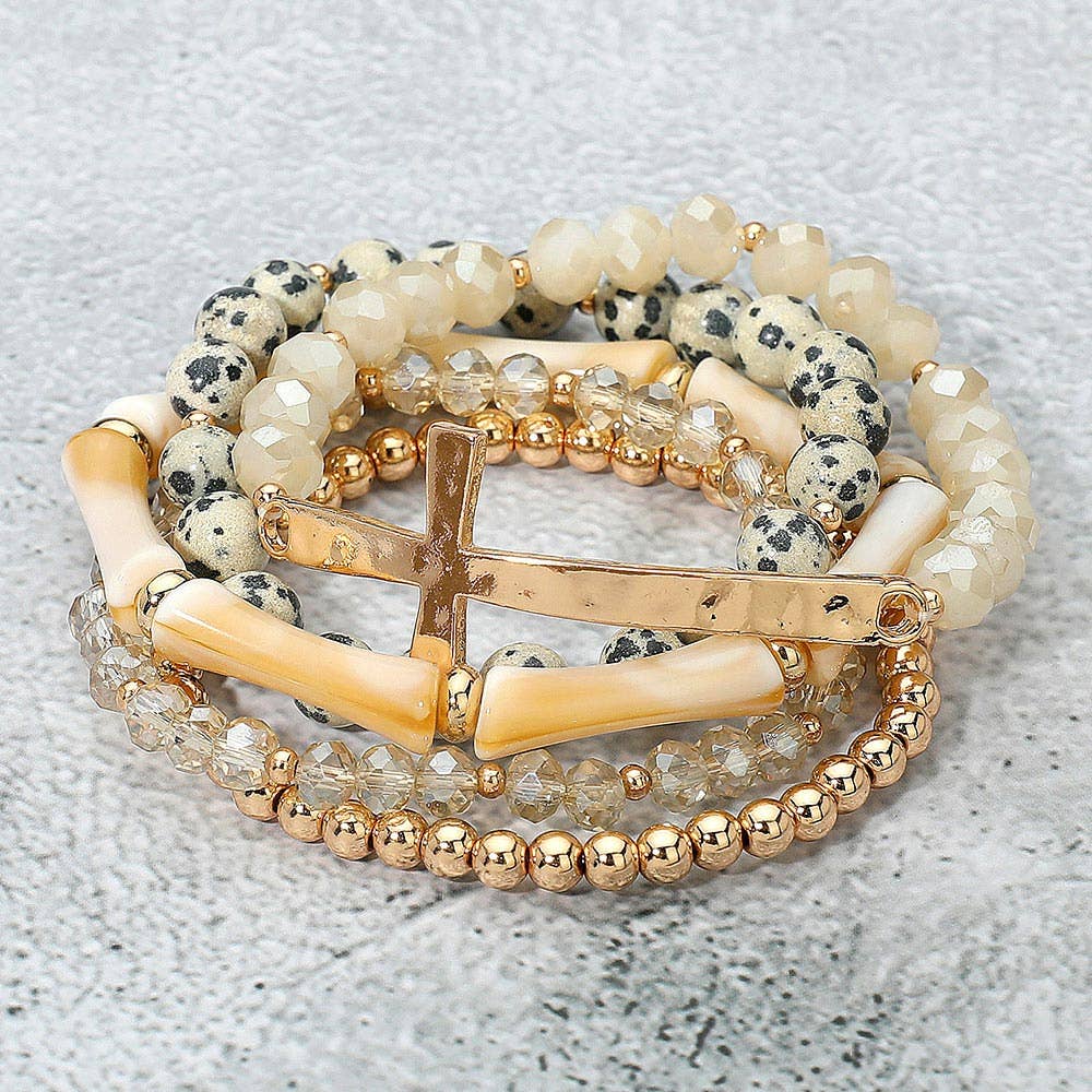 5PCS - Metal Cross Accent Resin Bamboo Bar Faceted Beaded Stretch Multi Layered Bracelets