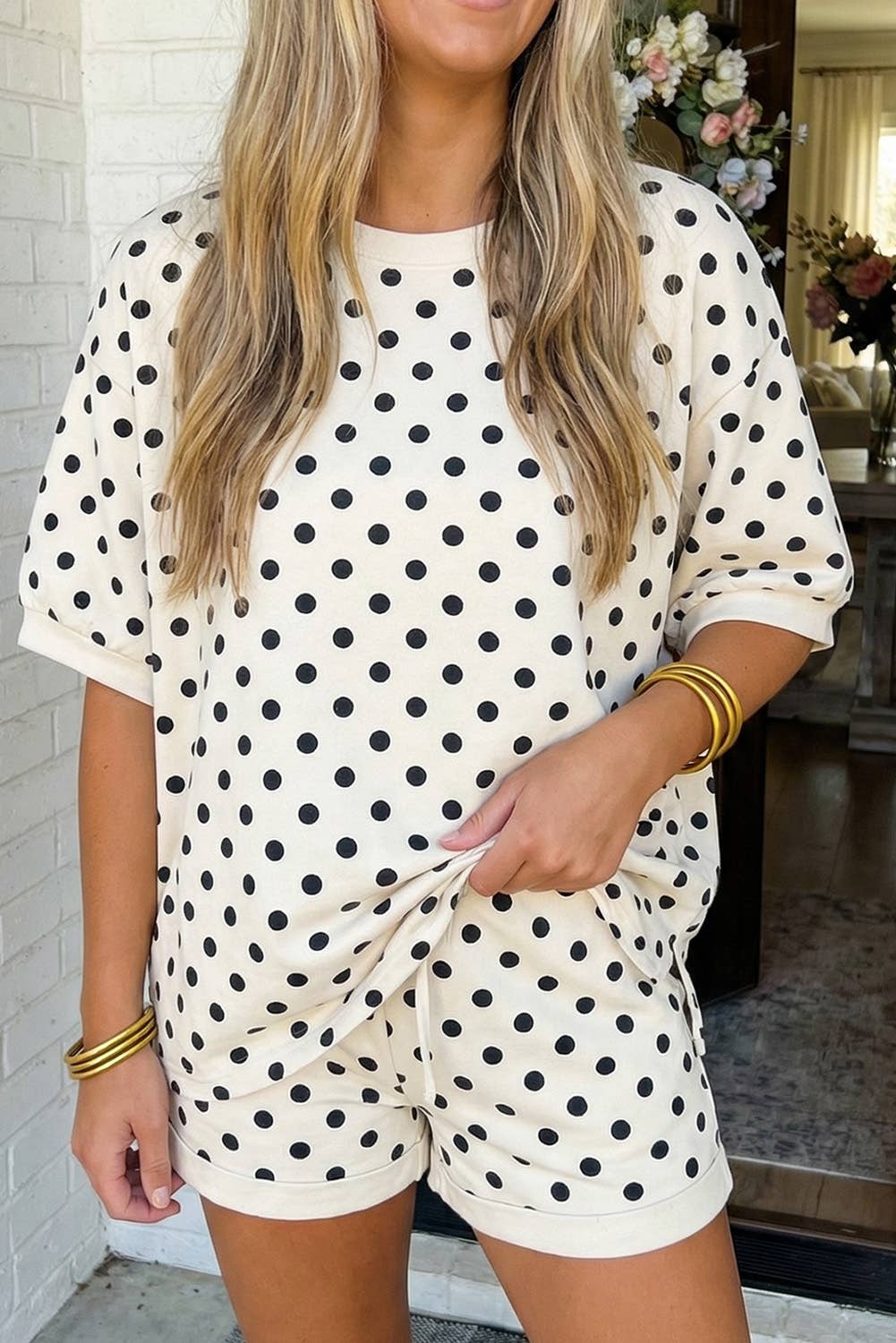 LAS Polka Dot Print Top Drawstring Shorts Set (S-XL)