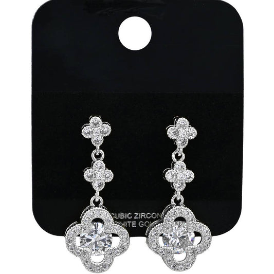 Gold Dipped Quatrefoil CZ Stone Drop Earrings: Rhodium