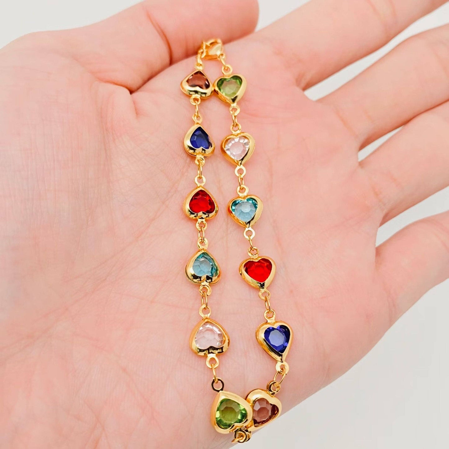 M12. Multicolored Heart-shaped Glass 18k Gold Plated Bracelet