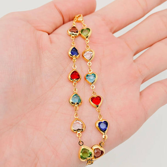 M12. Multicolored Heart-shaped Glass 18k Gold Plated Bracelet