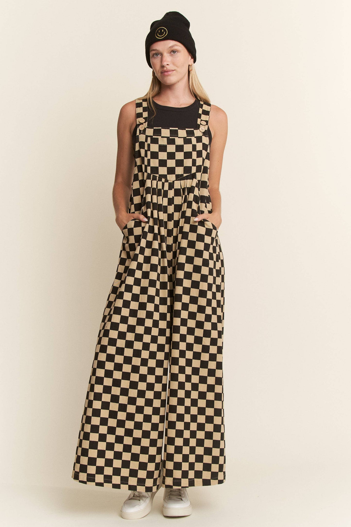 CHECKERED WIDE LEG OVERALLS