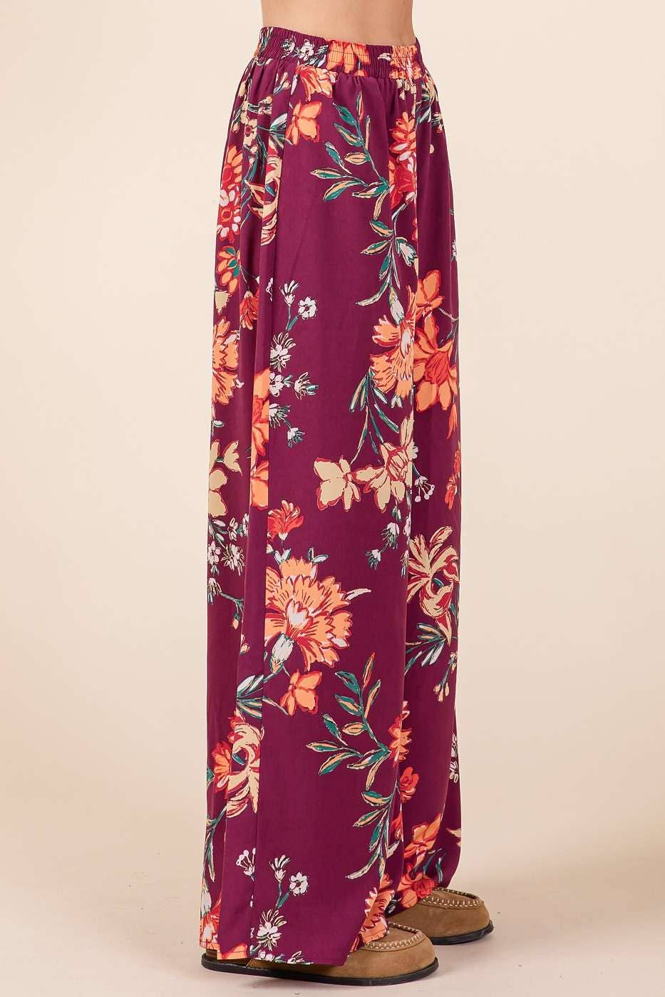 FLOWER PRINT ELASTIC WAIST MID RISE WIDE LEG PANTS