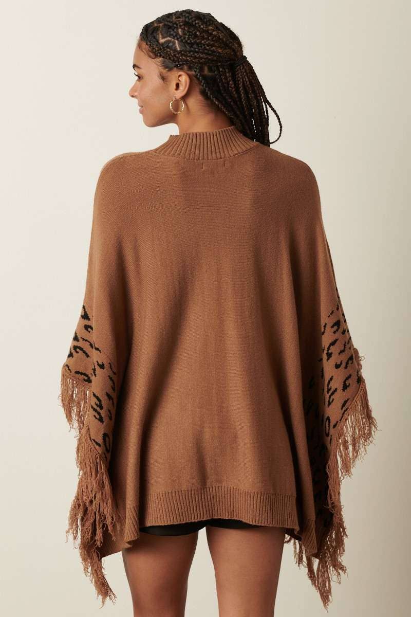 ANIMAL PRINT DETAIL TASSEL OVERSIZED PONCHO