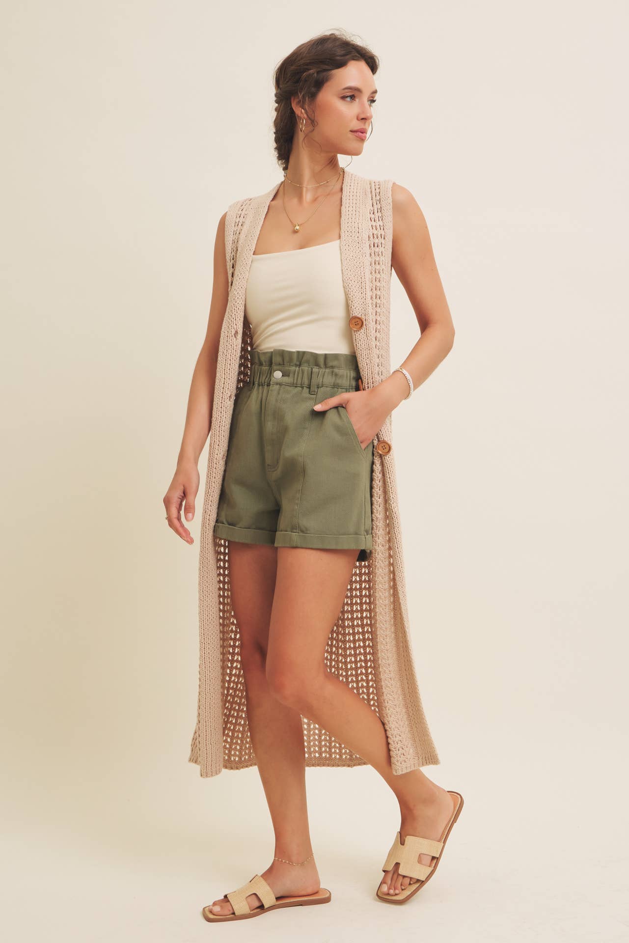 BUTTON-DOWN OPEN KNIT SLEEVELESS MIDI SWEATER CARDIGAN