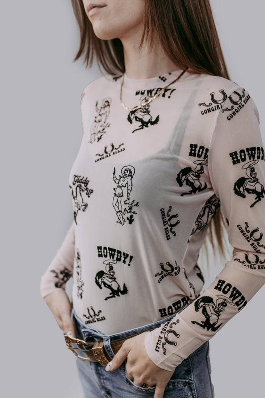 MK727 Giddy Up Velvet Mesh Top