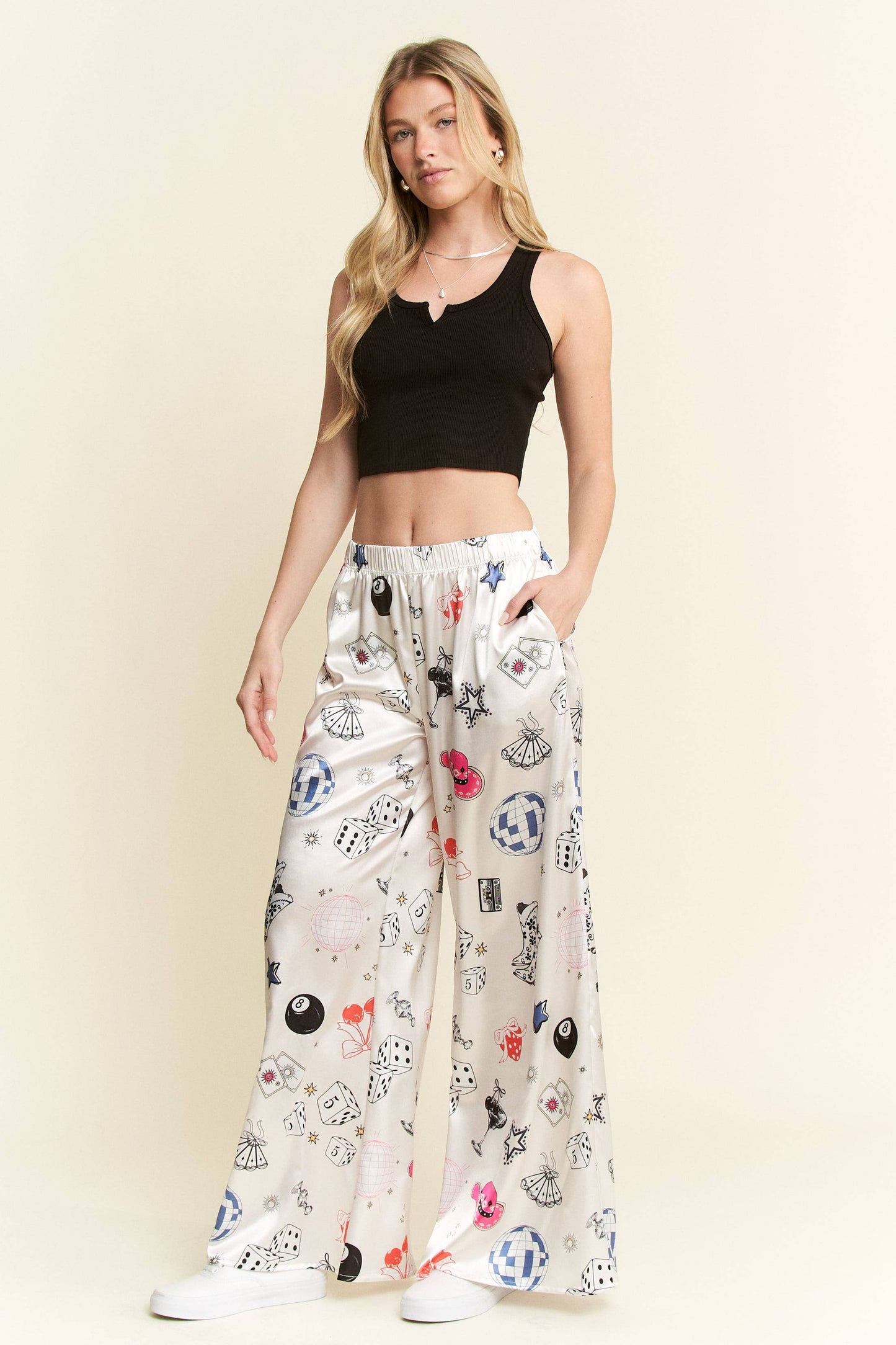 PARTY COLLAGE SATIN PANTS: Black / S