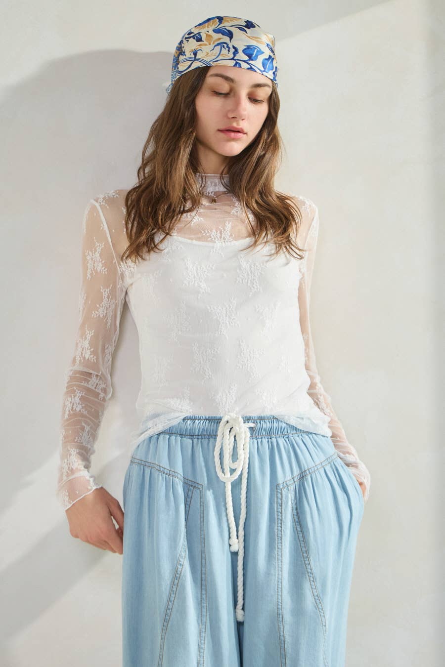 Chambray Denim Wide Palazzo Pants: Washed Dark Chambray / S