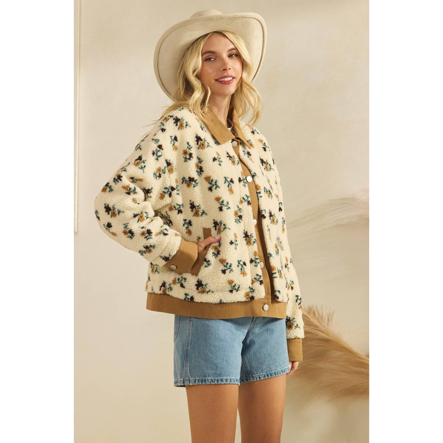 Printed Contrast Button Down Sweater: Brown / S