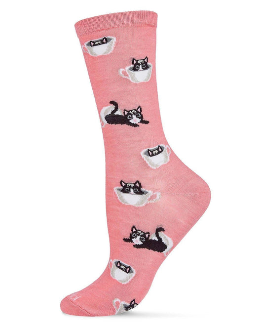 MeMoi Cup o' Cats Bamboo Blend Crew Socks: Pink / 9-11