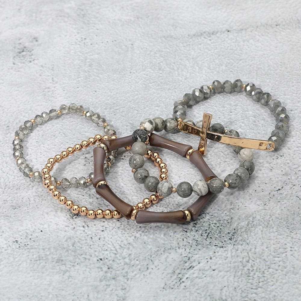 5PCS - Metal Cross Accent Resin Bamboo Bar Faceted Beaded Stretch Multi Layered Bracelets