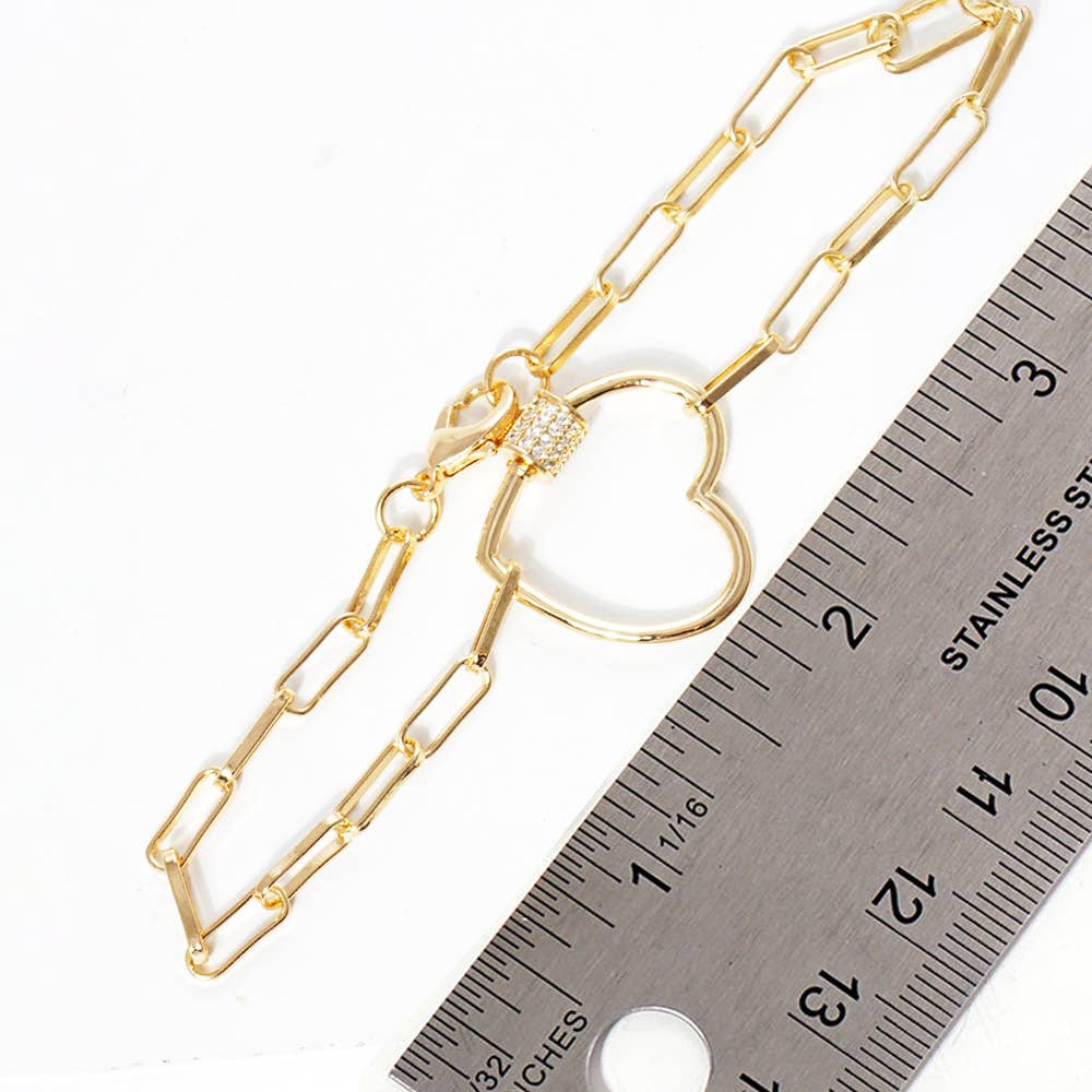 Gold Dipped CZ Open Heart Carabiner Paperclip Chain Bracelet: Silver