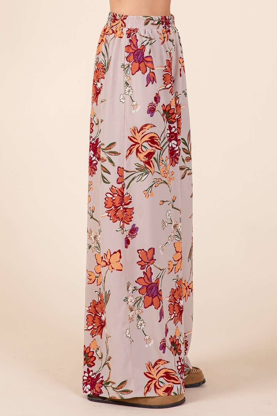FLOWER PRINT ELASTIC WAIST MID RISE WIDE LEG PANTS