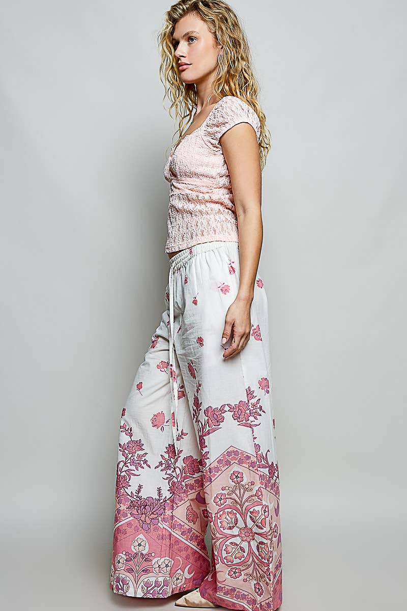 Floral Stripe Block Print Elastic Waist Wide Leg Pants