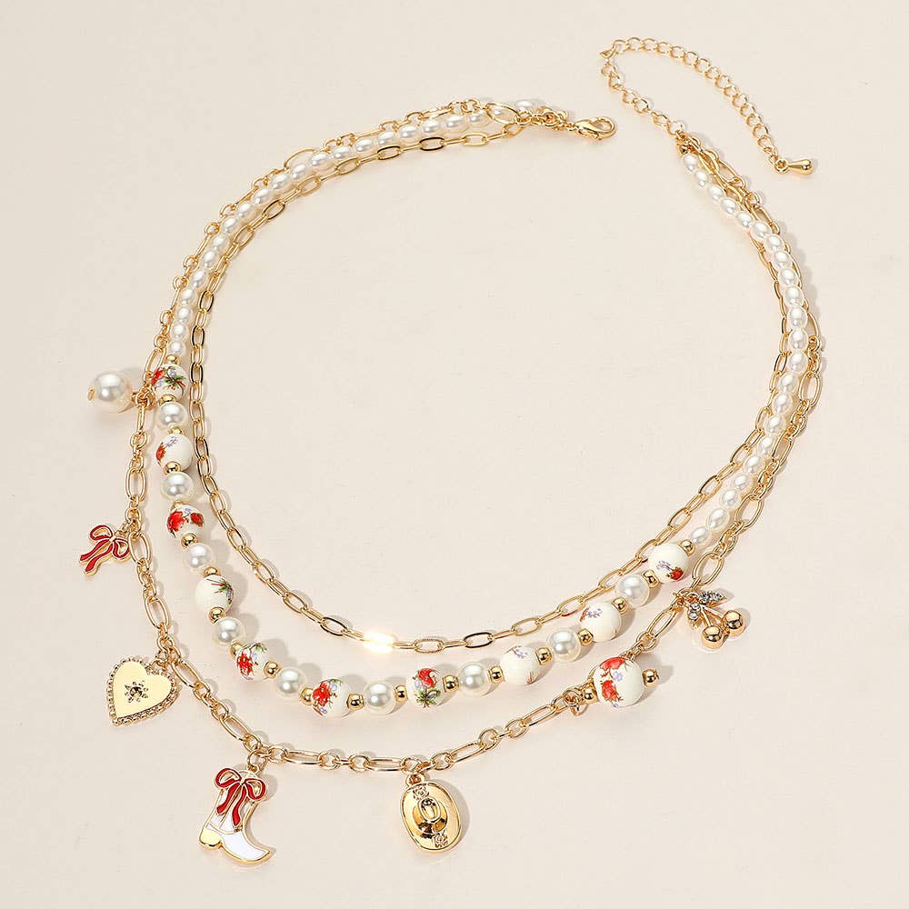 Western Cowboy Boot Hat Bow Cherry Heart Charm Station Pearl Floral Ceramic Ball Beaded Layered Necklace: Gold Green