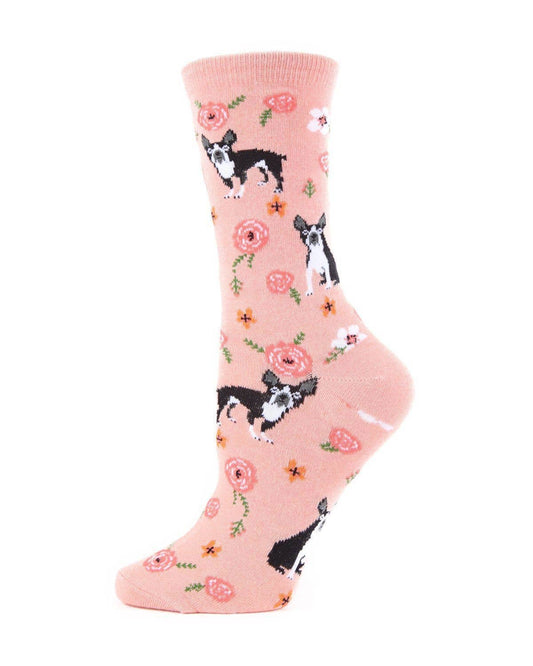 MeMoi French Bulldog and Roses Bamboo Crew Novelty Socks: Mellow Rose / 9-11