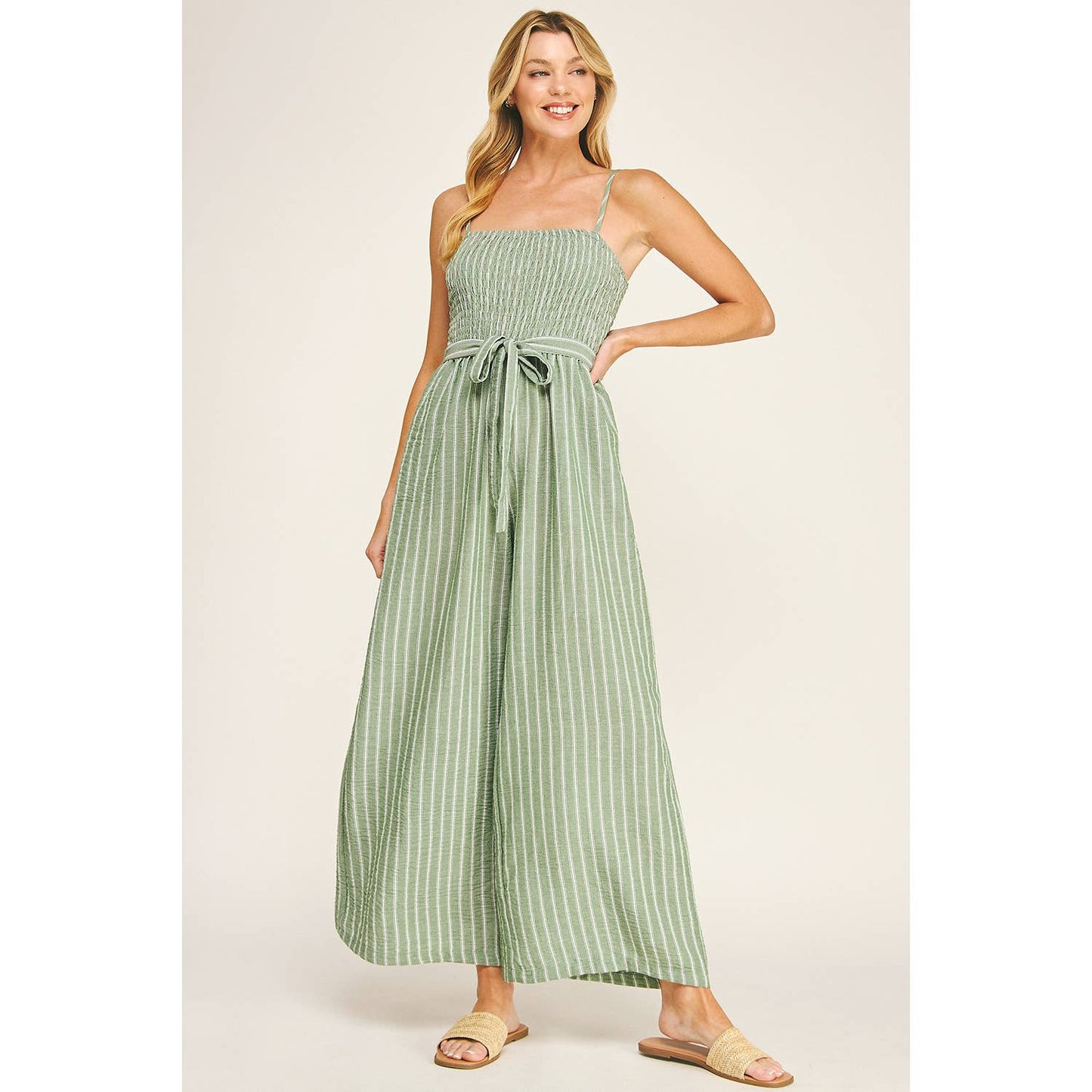 COASTAL STRIPE SMOCKED WIDE LEG JUMPSUIT