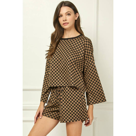 Checker Jersey Long Sleeve Top : Brown / S
